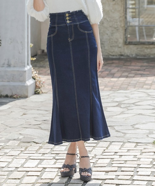 3連ボタンハイウエストデニムマーメイドスカート/23044（デニム