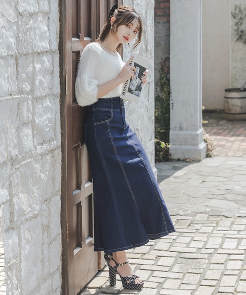 3連ボタンハイウエストデニムマーメイドスカート/23044（デニム