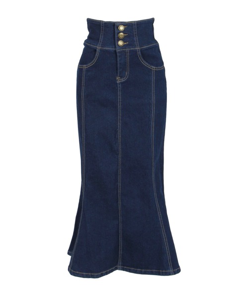 3連ボタンハイウエストデニムマーメイドスカート/23044（デニム