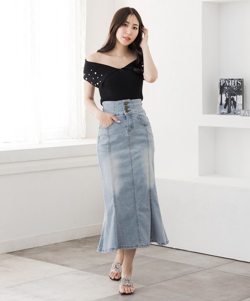 3連ボタンハイウエストデニムマーメイドスカート/23044（デニム