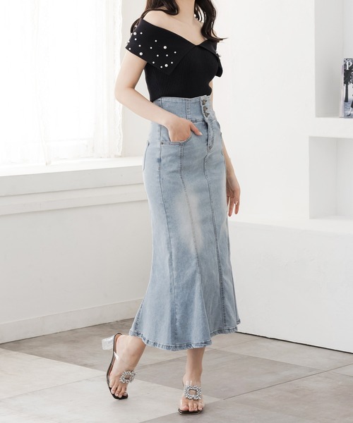 3連ボタンハイウエストデニムマーメイドスカート/23044（デニム
