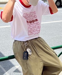 Kappa（カッパ）の「25SS別注 WEB限定 袖ライン / ワンポイント刺繍 / ブランドロゴプリント ビッグシルエット 半袖リンガーTシャツ カットソー ユニセックス（Tシャツ/カットソー）」