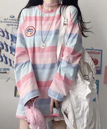 DEVICE | アイドルトップス パステルカラー ボーダー ワンポイント ゆるふわ ロンT トレーナー(Tシャツ/カットソー)