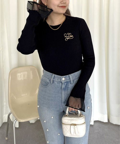 prose verse（プロズヴェール）の「袖シアーリブニット（ニット/セーター・レディース・ブラック/オフホワイト・ﾌﾘ-）」の6枚目の写真