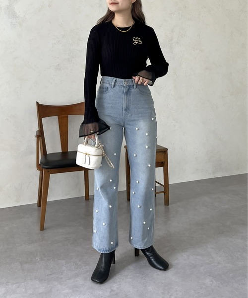 prose verse（プロズヴェール）の「袖シアーリブニット（ニット/セーター・レディース・ブラック/オフホワイト・ﾌﾘ-）」の8枚目の写真