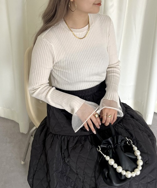 prose verse（プロズヴェール）の「袖シアーリブニット（ニット/セーター・レディース・ブラック/オフホワイト・ﾌﾘ-）」の15枚目の写真