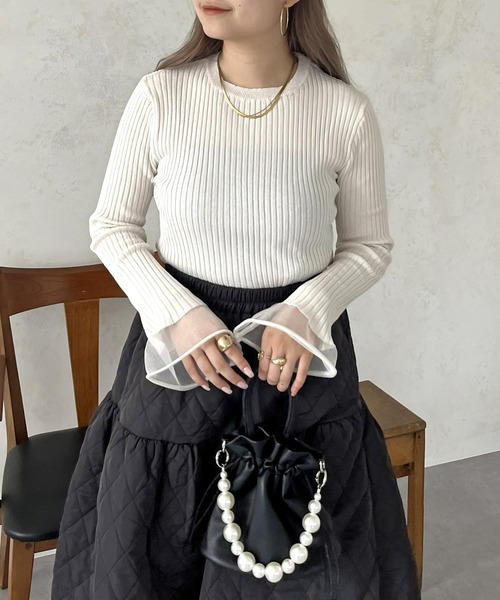 prose verse（プロズヴェール）の「袖シアーリブニット（ニット/セーター・レディース・ブラック/オフホワイト・ﾌﾘ-）」の16枚目の写真