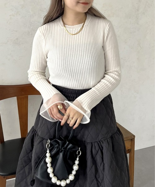 prose verse（プロズヴェール）の「袖シアーリブニット（ニット/セーター・レディース・ブラック/オフホワイト・ﾌﾘ-）」の18枚目の写真