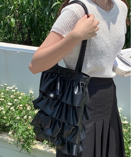 Burner(バーナー)の「【OKUOKU 0909】ダブルフリル メッシュハンドル トートバッグ oku-bag-728836699654-30 Y(トートバッグ・レディース・シルバー系その他/ブラック・FREE)」の1枚目の写真