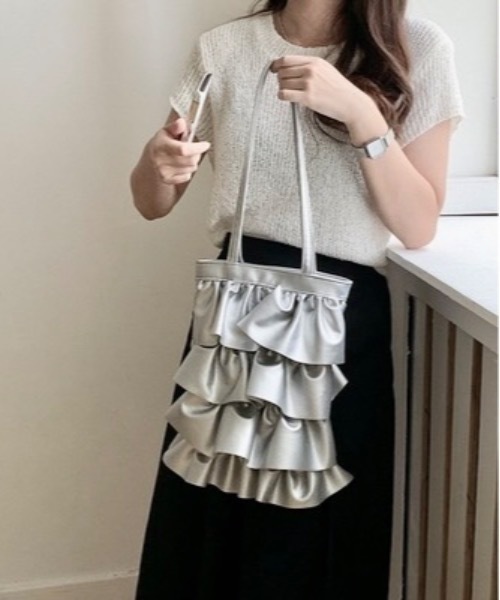 Burner(バーナー)の「【OKUOKU 0909】ダブルフリル メッシュハンドル トートバッグ oku-bag-728836699654-30 Y(トートバッグ・レディース・シルバー系その他/ブラック・FREE)」の5枚目の写真