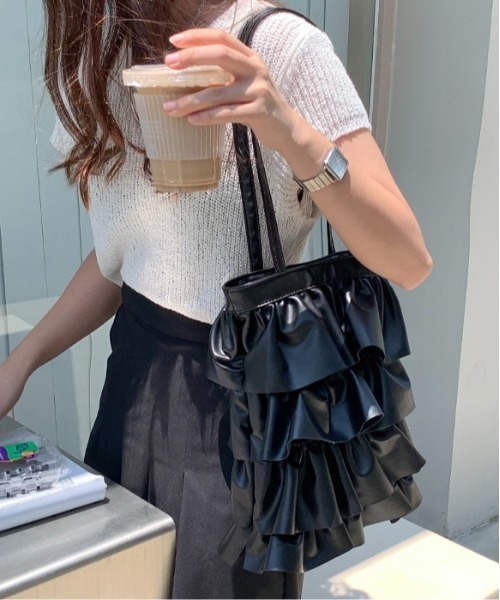 Burner(バーナー)の「【OKUOKU 0909】ダブルフリル メッシュハンドル トートバッグ oku-bag-728836699654-30 Y(トートバッグ・レディース・シルバー系その他/ブラック・FREE)」の13枚目の写真