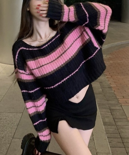 Sibra(シブラ)の「ショート丈ニット(ニット/セーター・レディース・ピンク/ブラック/イエロー・M)」の15枚目の写真