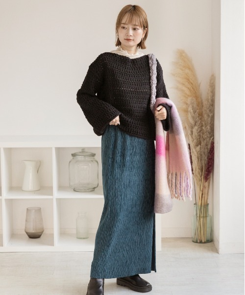 ad thie（アドティエ）の「ボートネック 透かし編み ニットトップス（ニット/セーター・レディース・オフホワイト/ブラウン/ブラック/ベージュ・FREE）」の9枚目の写真