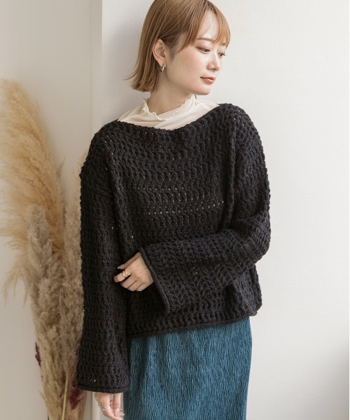 ad thie（アドティエ）の「ボートネック 透かし編み ニットトップス（ニット/セーター・レディース・オフホワイト/ブラウン/ブラック/ベージュ・FREE）」の10枚目の写真