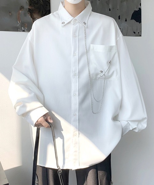 FVLMEN(フルメン)の「【FVLMEN】chain pin charm crazy big shirt/チェーン ピン チャーム クレイジー ビッグ シャツ(シャツ/ブラウス・メンズ・ホワイト×ブラック/ブラック/ホワイト・FREE)」の1枚目の写真