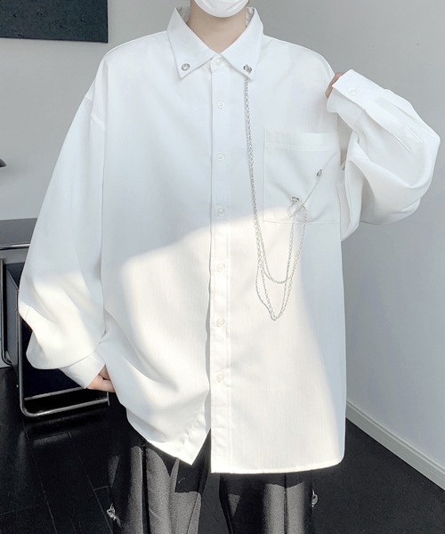 FVLMEN(フルメン)の「【FVLMEN】chain pin charm crazy big shirt/チェーン ピン チャーム クレイジー ビッグ シャツ(シャツ/ブラウス・メンズ・ホワイト×ブラック/ブラック/ホワイト・FREE)」の4枚目の写真
