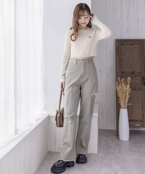 clear（クリア）の「ケーブル編みショート丈長袖ニットトップス≪2024SS新作≫（ニット/セーター・レディース・ミント/ベージュ/ピンク/アイボリー/グレー・F）」の18枚目の写真