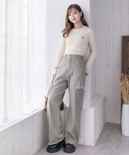 clear（クリア）の「ケーブル編みショート丈長袖ニットトップス≪2024SS新作≫（ニット/セーター・レディース・ミント/ベージュ/ピンク/アイボリー/グレー・F）」の19枚目の写真