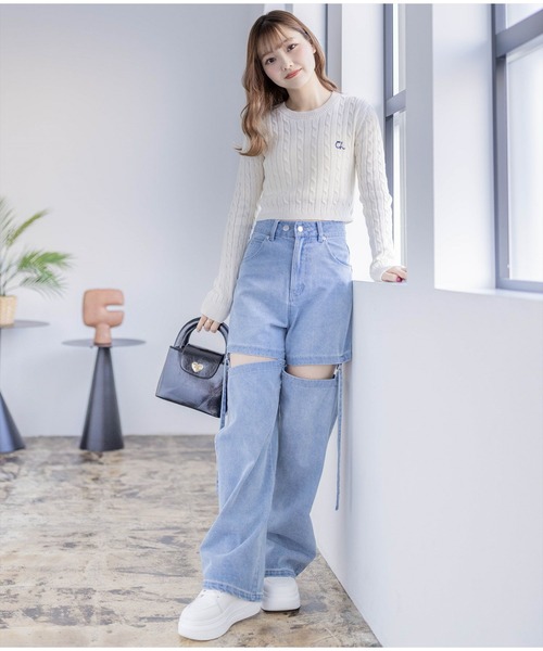 clear（クリア）の「ケーブル編みショート丈長袖ニットトップス≪2024SS新作≫（ニット/セーター・レディース・ミント/ベージュ/ピンク/アイボリー/グレー・F）」の22枚目の写真