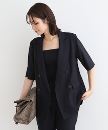 ◆【洗える/UVケア/接触冷感/SETUP可能】麻調ハーフスリーブダブルジャケット