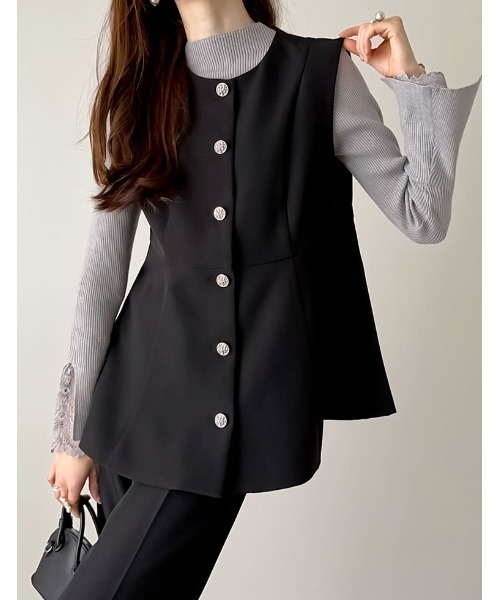 Re:EDIT（リエディ）の「[mau×Re:EDIT][mauコラボ][入卒式 セレモニー]ドットor無地カットツイルペプラムベスト（ベスト・レディース・ホワイト/ブラック/ベージュ系その他/ネイビー/ブラック系その他・MEDIUM/LARGE）」の9枚目の写真