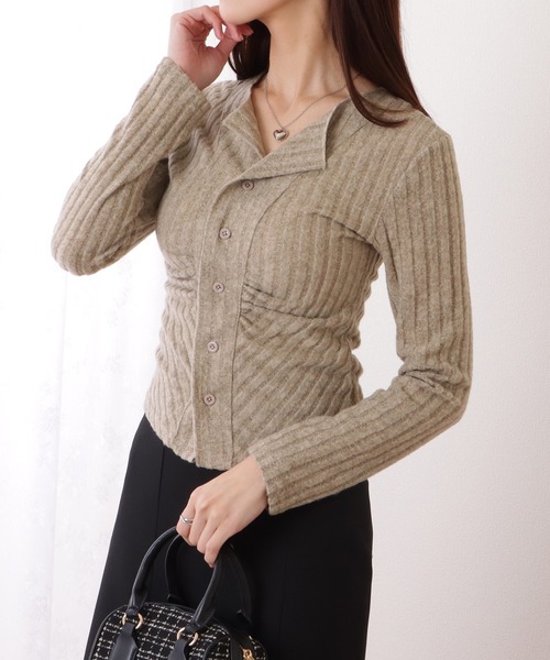 Lace Ladies(レースレディース)の「フロント ギャザー テレコ ニット コンパクト カーディガン(カーディガン/ボレロ・レディース・ダークグレー/グレー/ピンク・FREE)」の1枚目の写真