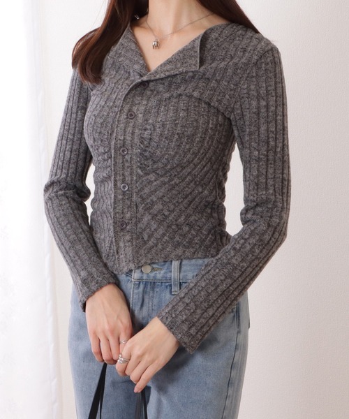 Lace Ladies(レースレディース)の「フロント ギャザー テレコ ニット コンパクト カーディガン(カーディガン/ボレロ・レディース・ダークグレー/グレー/ピンク・FREE)」の2枚目の写真