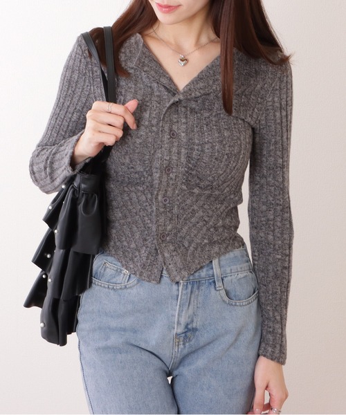 Lace Ladies(レースレディース)の「フロント ギャザー テレコ ニット コンパクト カーディガン(カーディガン/ボレロ・レディース・ダークグレー/グレー/ピンク・FREE)」の4枚目の写真