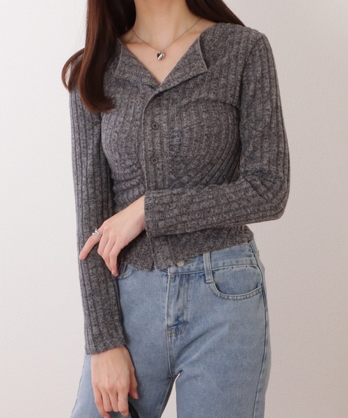 Lace Ladies(レースレディース)の「フロント ギャザー テレコ ニット コンパクト カーディガン(カーディガン/ボレロ・レディース・ダークグレー/グレー/ピンク・FREE)」の7枚目の写真