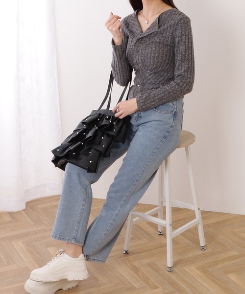 Lace Ladies(レースレディース)の「フロント ギャザー テレコ ニット コンパクト カーディガン(カーディガン/ボレロ・レディース・ダークグレー/グレー/ピンク・FREE)」の8枚目の写真