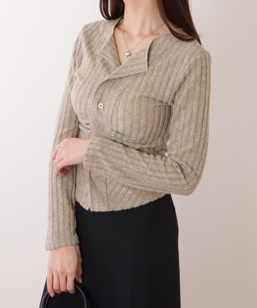 Lace Ladies(レースレディース)の「フロント ギャザー テレコ ニット コンパクト カーディガン(カーディガン/ボレロ・レディース・ダークグレー/グレー/ピンク・FREE)」の11枚目の写真