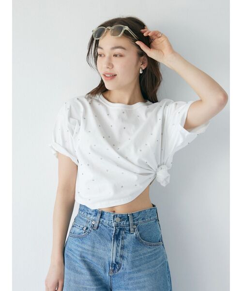 Ungrid（アングリッド）の「ビジューショートTee（Tシャツ/カットソー・レディース・ブラック/オフホワイト・FREE）」の4枚目の写真