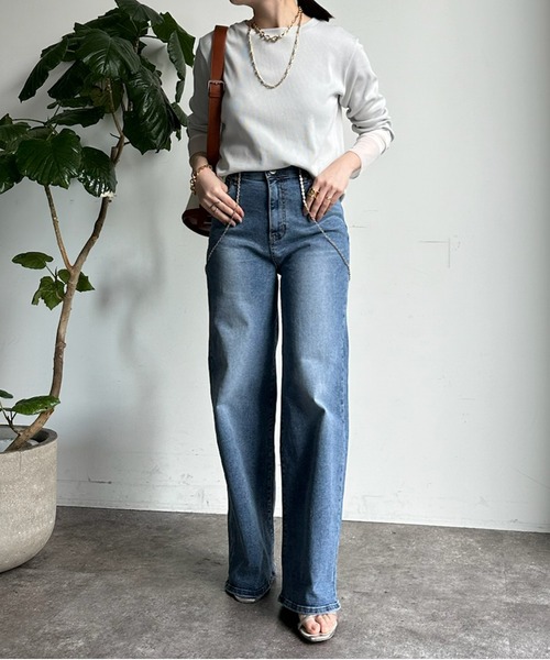 DouDou（ドゥドゥ）の「【INDIMARK】【WEB限定】ハイウエストワイドデニム（デニムパンツ・レディース・スカイブルー/ホワイト・M/L/S）」の9枚目の写真