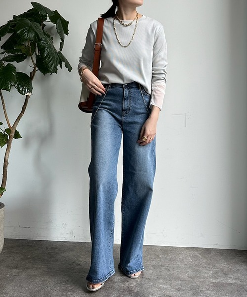 DouDou（ドゥドゥ）の「【INDIMARK】【WEB限定】ハイウエストワイドデニム（デニムパンツ・レディース・スカイブルー/ホワイト・M/L/S）」の11枚目の写真