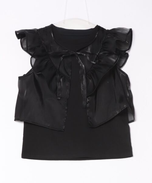 STYLEBLOCK(スタイルブロック)の「シャイニーシアーポプリンフリルトップスタンクセット(タンクトップ・レディース・ブラック/ライトグレー/クリーム・M)」の2枚目の写真