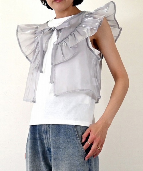 STYLEBLOCK(スタイルブロック)の「シャイニーシアーポプリンフリルトップスタンクセット(タンクトップ・レディース・ブラック/ライトグレー/クリーム・M)」の3枚目の写真