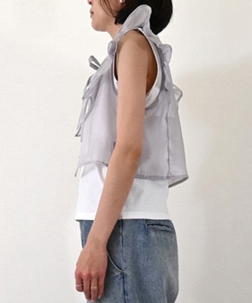STYLEBLOCK(スタイルブロック)の「シャイニーシアーポプリンフリルトップスタンクセット(タンクトップ・レディース・ブラック/ライトグレー/クリーム・M)」の5枚目の写真