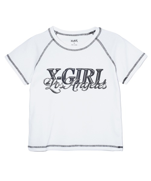 X-girl（エックスガール）の「CHROME EFFECT LOGO RAGLAN S/S BABY TEE（Tシャツ/カットソー・レディース・ホワイト/ピンク/チャコール・S/M）」の14枚目の写真