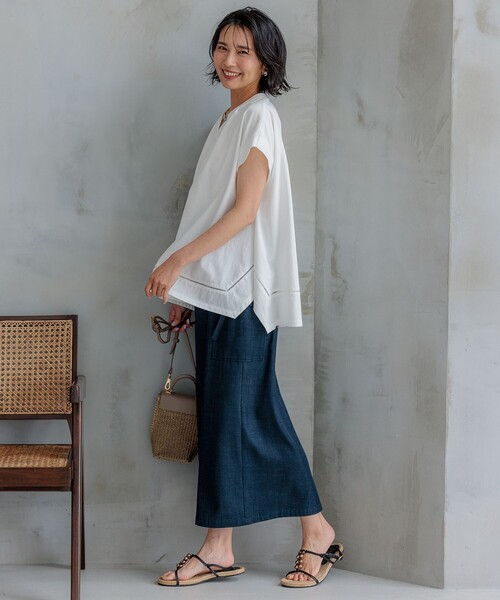 23区 L（ニジュウサンクオオキイサイズ）の「【洗える】ラダーレースジャージー カットソー（Tシャツ/カットソー・レディース・ホワイト系/カーキ系/ブラック系・44/46）」の5枚目の写真