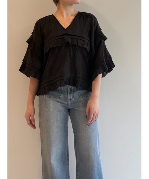 サラマリカSTRIPE JQD FRILL TOPブラウス ブラックフリル