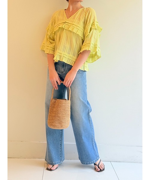 sara mallika(サラ マリカ)の「CTN STRIPE JQD FRILL TOP(シャツ/ブラウス・レディース・ブラック/パープル/イエロー・FREE)」の8枚目の写真