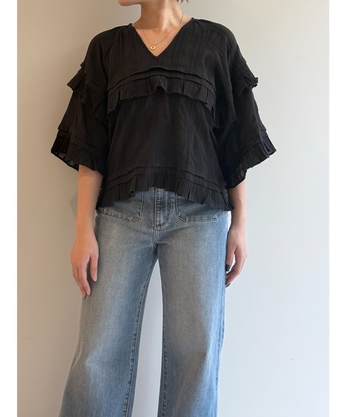 sara mallika(サラ マリカ)の「CTN STRIPE JQD FRILL TOP(シャツ/ブラウス・レディース・ブラック/パープル/イエロー・FREE)」の13枚目の写真