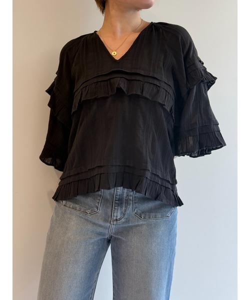 sara mallika(サラ マリカ)の「CTN STRIPE JQD FRILL TOP(シャツ/ブラウス・レディース・ブラック/パープル/イエロー・FREE)」の14枚目の写真