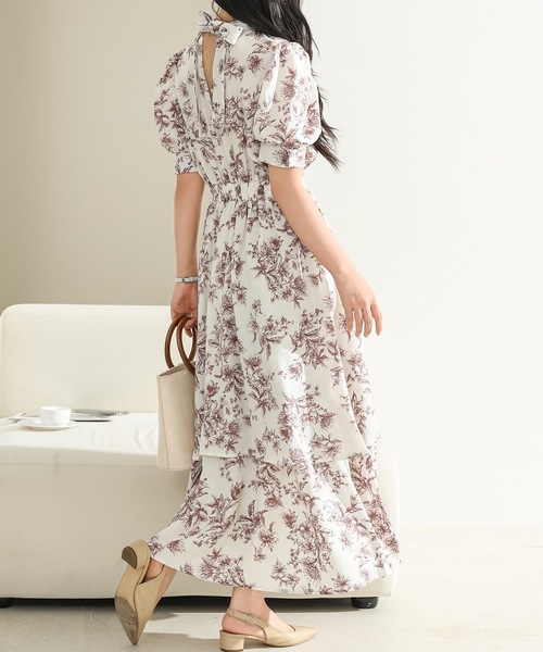 Lace Ladies(レースレディース)の「ボタニカル柄 ティアード フリル プチハイネック ロング ワンピース(ワンピース・レディース・ブルー/ピンク/グリーン・FREE)」の4枚目の写真