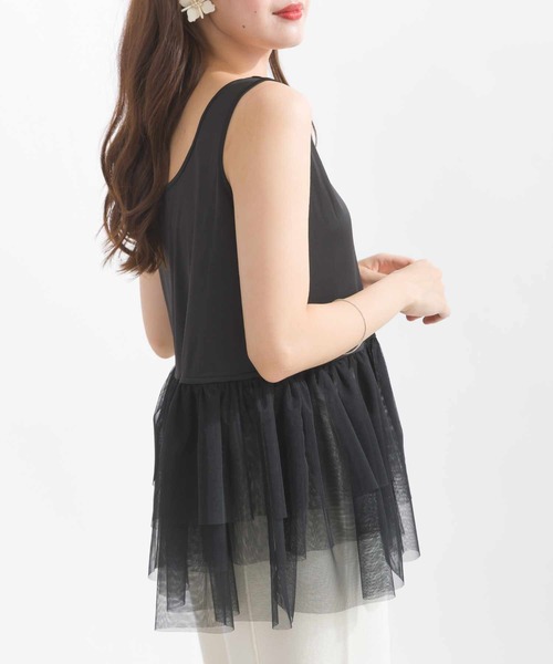 PICCIN（ピッチン）の「前後2wayチュール重ねタンクトップ（タンクトップ・レディース・ブラック/オフホワイト・M）」の2枚目の写真