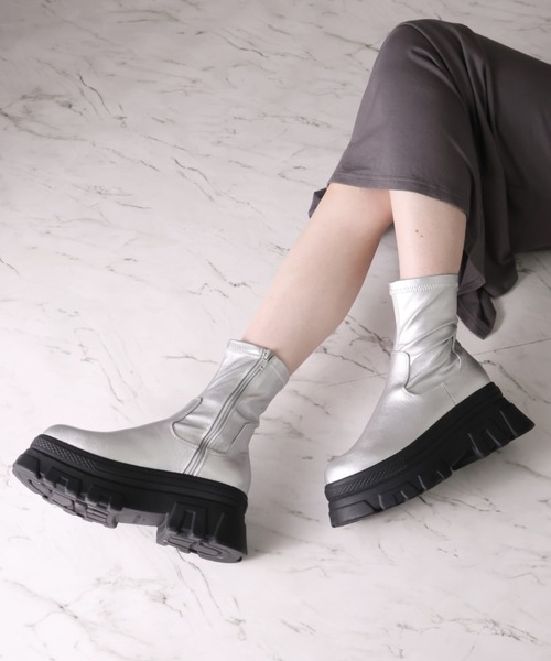 セール】極盛り厚底トラックソールストレッチショートブーツ（ブーツ