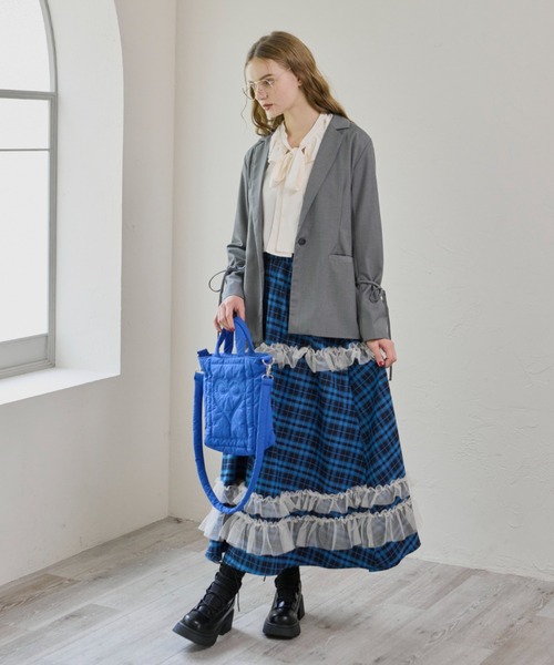 idem(イデム)の「tulle frill × check skirt/チュールフリルチェックスカート(スカート・レディース・ブラウン/ブルー/グレー・FREE/S/SMALL)」の4枚目の写真