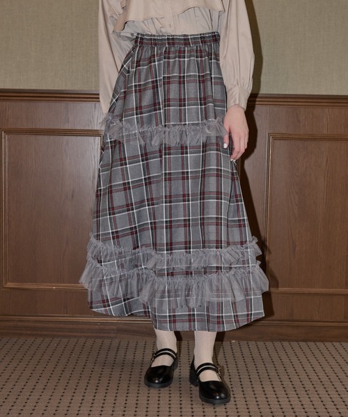 tulle frill × check skirt/チュールフリルチェックスカート