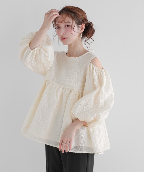 yumikyara 様☆fitmore☆オープンショルダージャガードトップス セール】オープンショルダーロングスリーブジャガードトップス