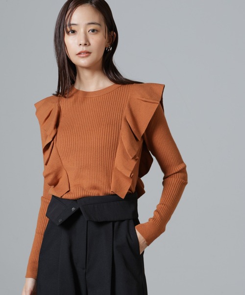 NANO universe（ナノユニバース）の「フリルディティールリブニット（ニット/セーター・レディース・ライトベージュ/ブラック/キャメル・FREE）」の5枚目の写真